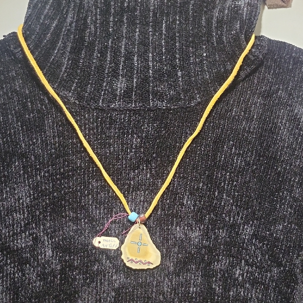 Handmade Leather Cord Necklace with Handpainted Moose Antler Pendant